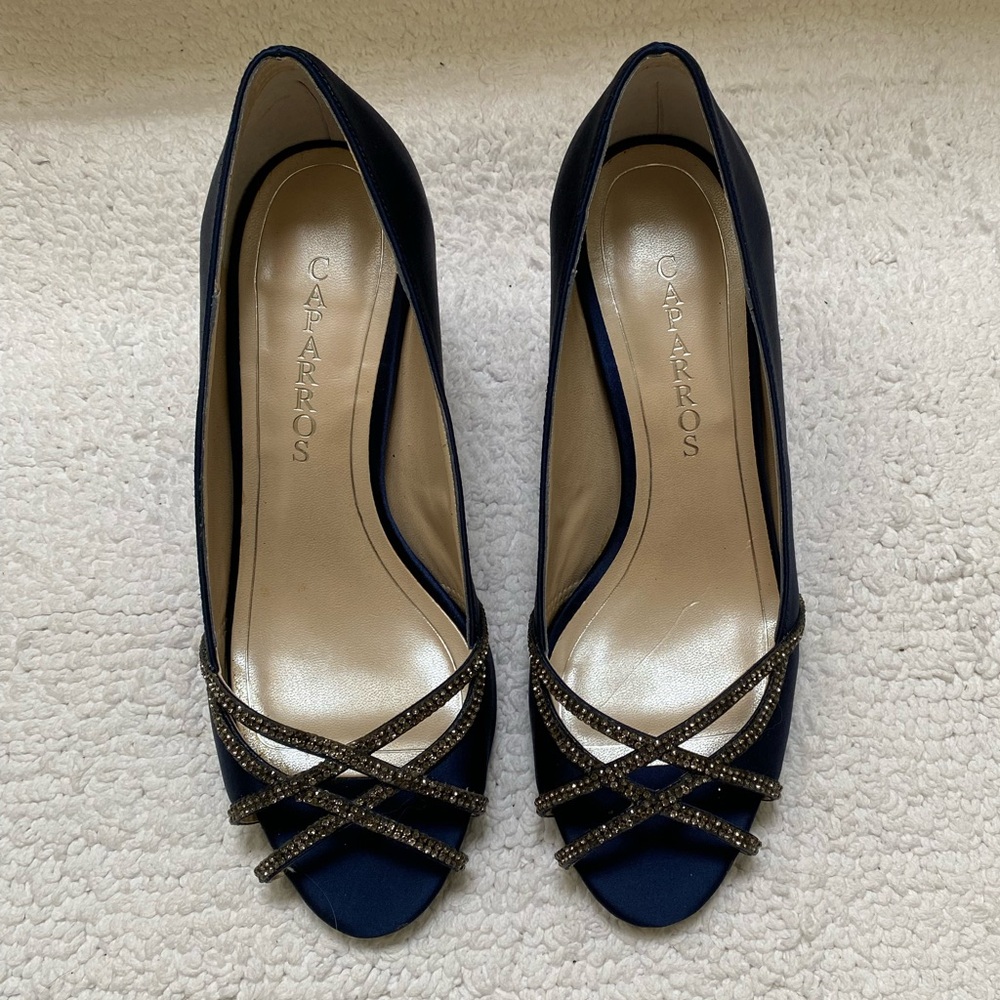 Caparros Navy Blue, Satin Peep Toe Heels with Rhinestones
